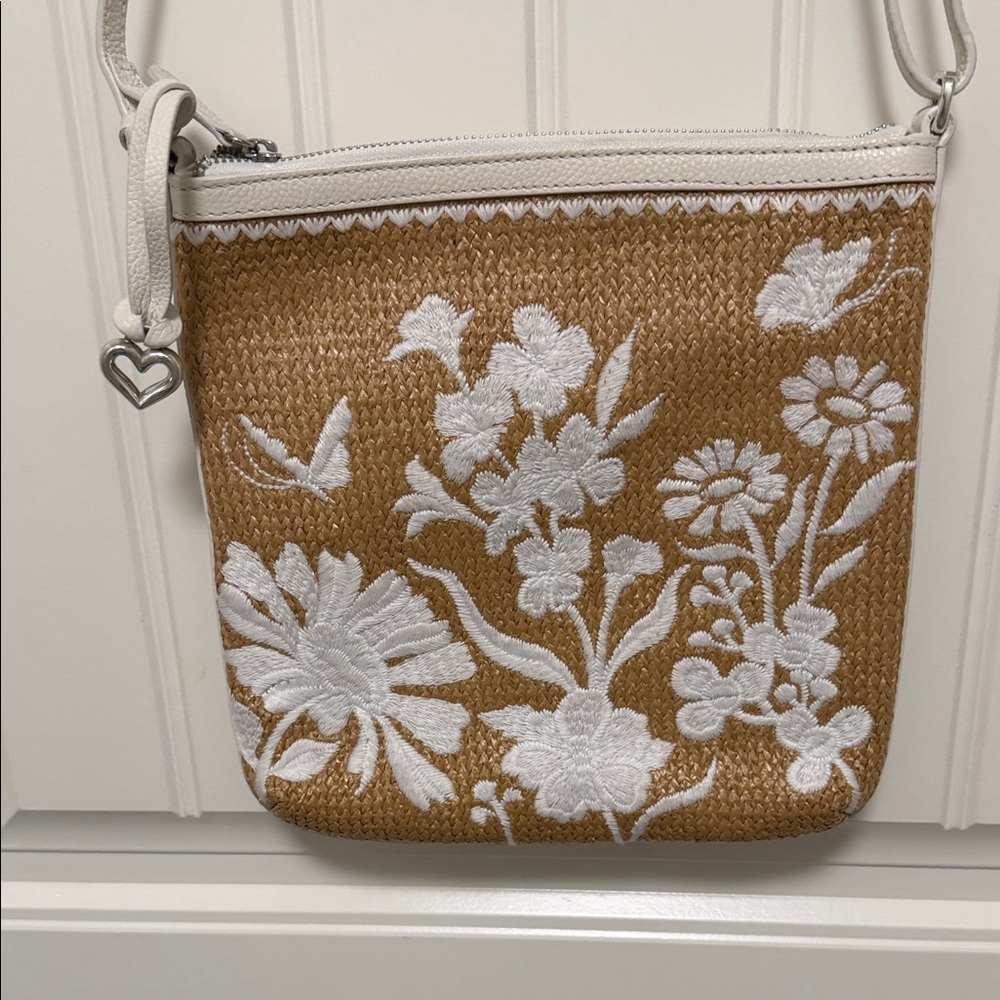 Brighton Tan and White Floral Crossbody Straw Messenger Bag